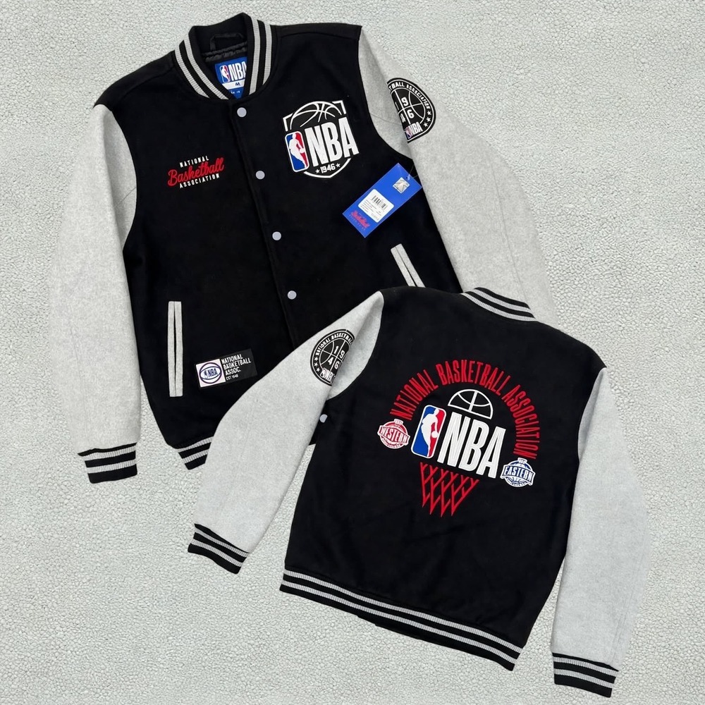NBA Final Boss Varsity Letterman Jacket Mens M Black Grey Snap Front Bomber NWT